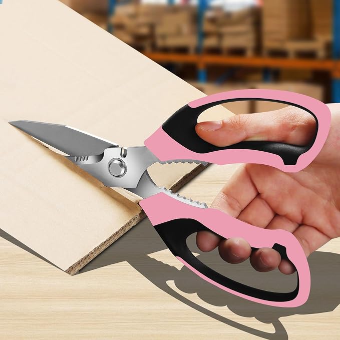BoFuYuan Utility Scissors All Purpose heavy duty 8-Inch Pink | Comfort Grip, Sharp Serrated Blades Cutting Carpet Cardboard Wire Fabric, Multipurpose Shears for Kitchen Garden Office Craft