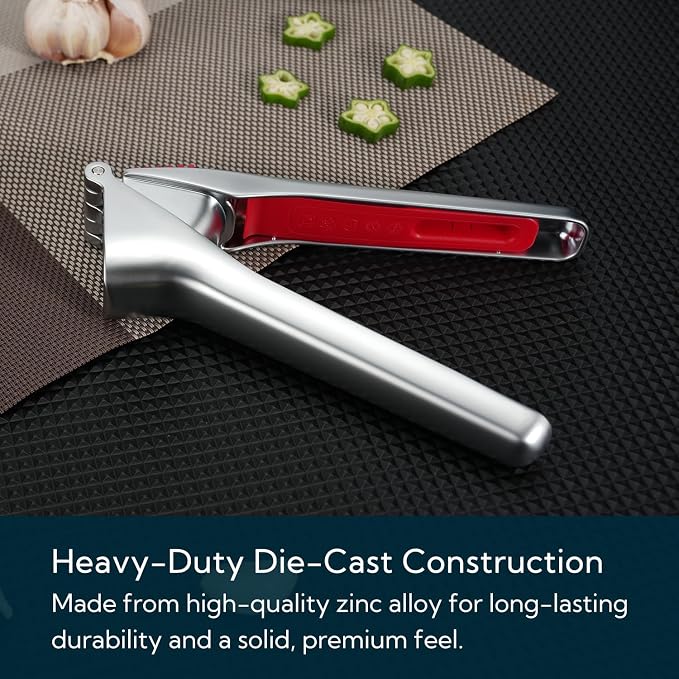 KITCHENDAO Heavy-duty Garlic Press with Built-in Scraper & Cleaning Pusher, No Peeling Garlic Crusher with Large Chamber, Zinc Alloy Garlic Mincer, Dishwasher Safe