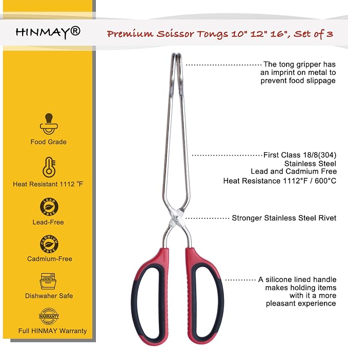 HINMAY Stainless Steel Kitchen Scissor Tongs Set, Set of 3 (10/12/16 Inch) | Metal Scissor Tongs with Comfort-Grip Handle for Cooking, Grilling & Serving