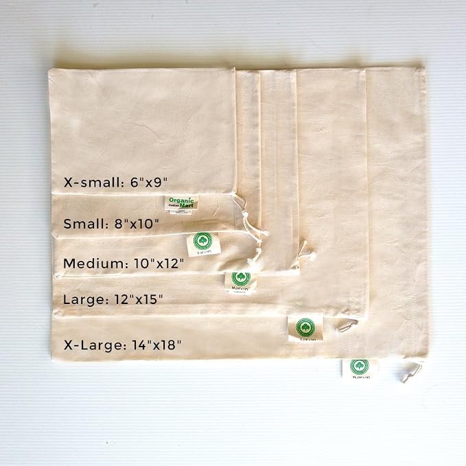 Reusable Cloth Produce Bags - Organic Cotton Cloth Vegetable Bags - Reusable Bulk Sacks for Grocery and Produce - Flour Sack Cotton Muslin Vegetable Storage Sacks (2 XL, 2 L, 2 M, 2 S)