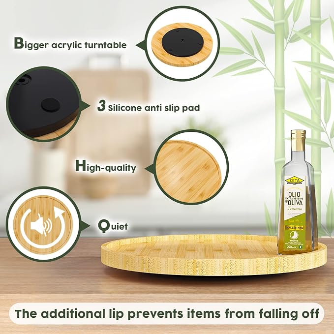 Lazy Susan Organizer, 13.2 Inch Non-Skid Bamboo Turntable | Kitchen Table Cabinets Closets and Kitchen Islands, Wood Turntable for Kitchen Countertop Organizer