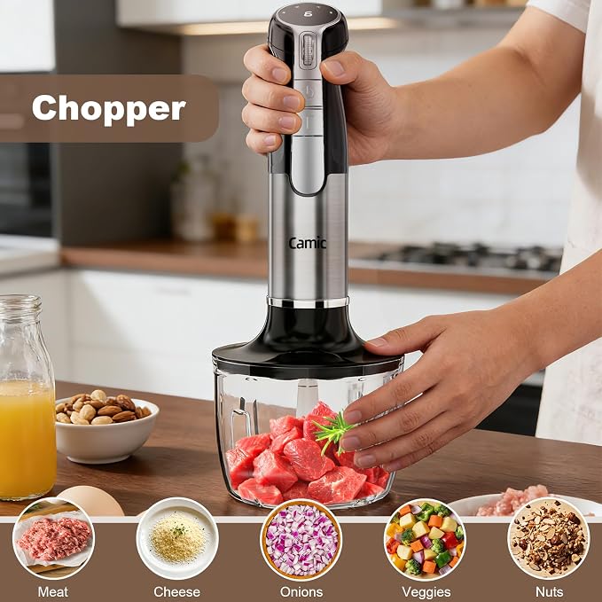 Camic Hand Blender, Cordless Immersion Blender with 6 Speeds, 4 in 1 Portable Mixer Electric Handheld Mixer with Blender, Chopper, Whisk, Frother for Soup, Smoothies, Baby Food and Puree (Black)