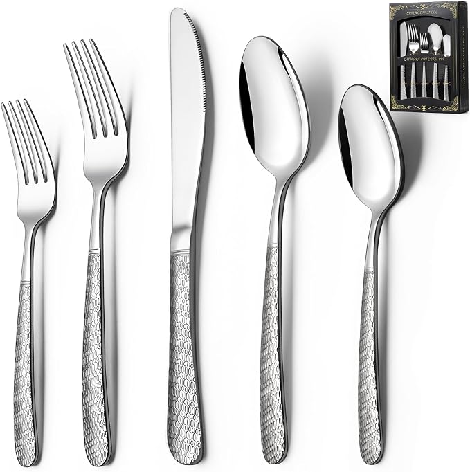 40-Piece Hammered Silverware Set, Deedro Stainless Steel Flatware Set for 8 | Food-Grade Heavy Duty Tableware Cutlery Set, Utensil Sets for Home Restaurant, Mirror Finish, Dishwasher Safe