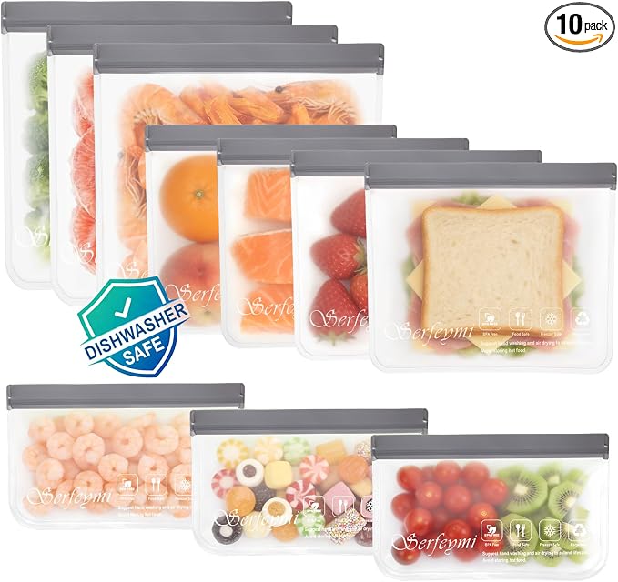 Serfeymi 10 Pack Reusable Gallon Freezer Dishwasher Safe, Extra Thick Reusable Plastic Bags BPA Free, Leak Proof Food Storage Bags with 3 Sizes for Meat, Travel, Fruit - 3 Gallon 4 Sandwich 3 Snack