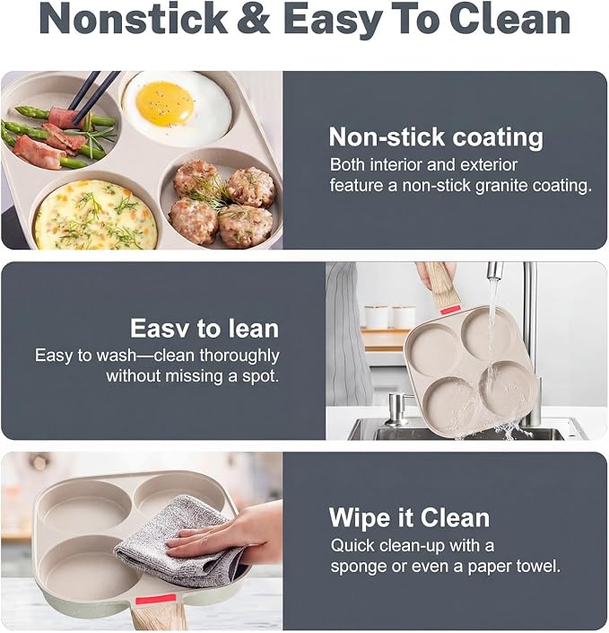 4‑Cup Nonstick Egg Pan Set with Lid – Aluminum Omelette Skillet for Breakfast, Includes Silicone Scraper, Oil Brush, Chopsticks & Cleaning Cloth – Compatible with Gas & Induction Cooktops (White)