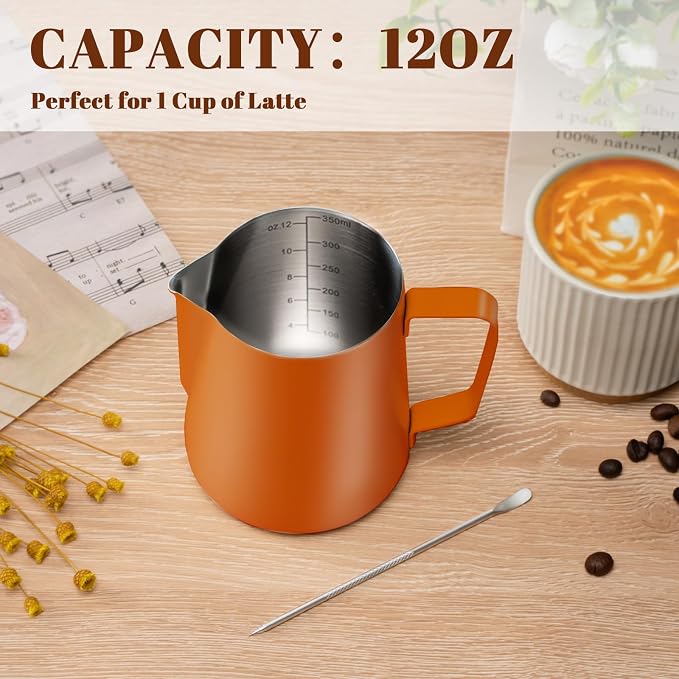 Amrules Milk Frothing Pitcher 12oz Frother Cup Barista Tools, Orange | 18/8 Stainless Steel, 12oz Capacity with Clear Scale, with Decorating Pen, Ergonomic Handle, for Cappuccino, Latte & Espresso