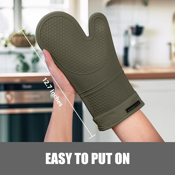 RORECAY Silicone Oven Mitts and Pot Holders Sets, Gloves for Kitchen, Olive | Set of 6 Kitchen Mitts for Baking & Cooking, Heat Resistant 500 ℉, 12.7" Extra Long, Non-Slip & Waterproof, Quilted Cotton