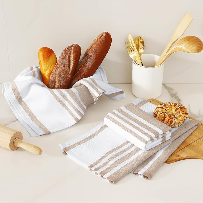 Homaxy Premium Cotton Stripe Kitchen Towels 6 Pack, 18"x 28", Khaki | Large 380 GSM Kitchen Hand Towels, Soft Terry Dish Towels, Highly Absorbent Tea Towel Set with Hanging Loop