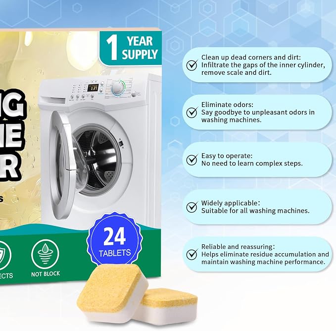 Washing Machine Cleaner Tablets,24 Pack Deep Cleaning Tablets for HE,Front & Top Load Washers - Eliminates Odor-Causing Buildup,Debris from the Drum,and Pet Hair,Septic Safe - 1 Year Supply