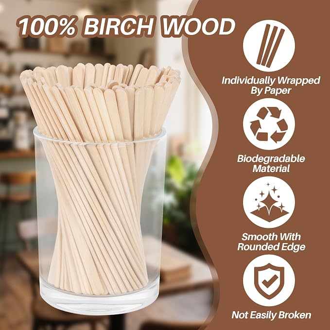 MAQIHAN 250PCS Wooden Coffee Stirrers - Individually Wrapped Stir Sticks | 5.5 Inch Disposable Wooden Stir Sticks For Hot And Cold Drinks, Coffee Accessories For Home Office And Cafe Use