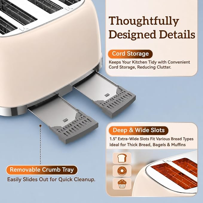 RONGBEST Retro 4 Slice Touch Screen Toaster with Stainless Steel Wide Slot, Reheat & Defrost Bagel for Family Breakfast Bread, 6 Browning Levels, Removable Crumb Tray, Cream Color