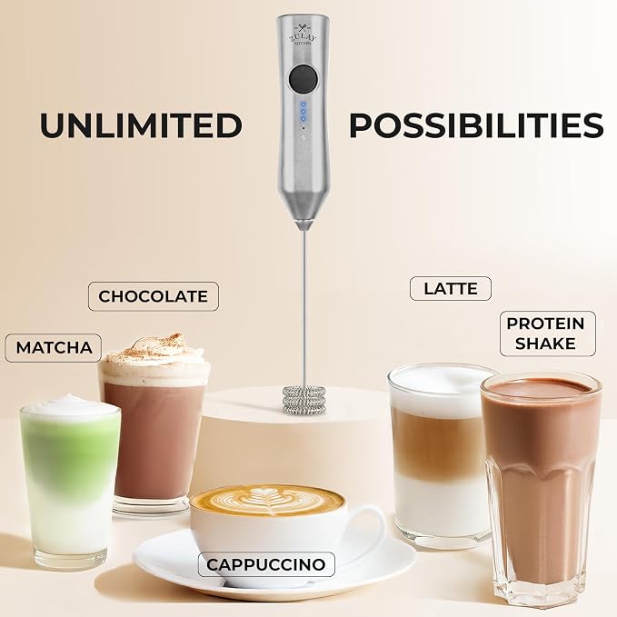 Zulay Kitchen Rechargeable Milk Frother Handheld - Frother Wand, Drink Mixer, Electric Whisk Frother, for Cappuccinos, Matcha & Protein Powder - Dynamic Triple Whisk, 3 Speed 500mAh Silver