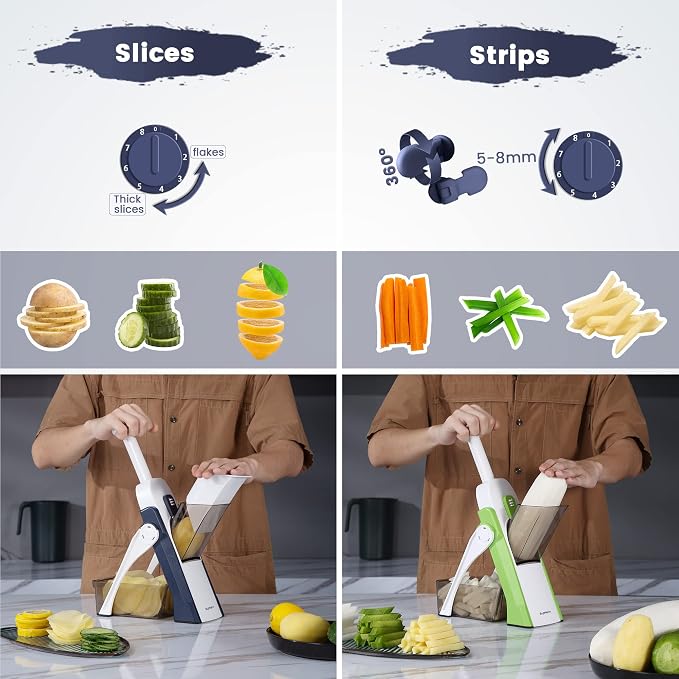 SupMaKin Safe Mandoline Slicer for Kitchen,Adjustable Potato Slicer 1-8 mm | 4 Modes Slice, Strips,Julienne Dicer,Vegetables Slicer Fry Food Cutter,Stainless Steel Blades, Foldable Dishwasher Safe,Gifts