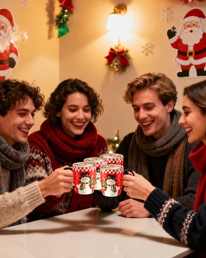 HASENSE Christmas Coffee Mugs Set of 4,15 oz Ceramic Holiday Cups with Handles, Matching Xmas Mugs for Hot Cocoa,Coffee or Tea,Ideal Xmas Gifts for Family,Friends,and Holiday Parties,Colorful