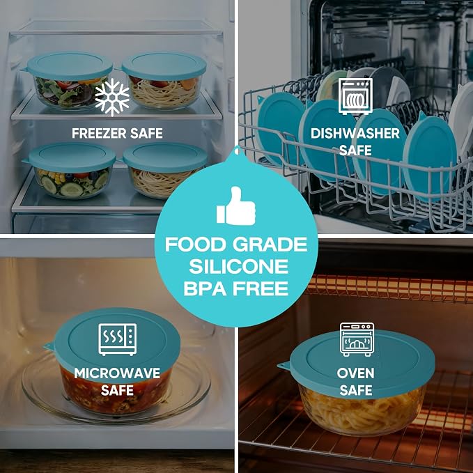 Silicone Lids Replacement for Snapware 7201R 4 Cup Round Glass Storage Containers (Containers Not Included) (Blue - 4 Pack)