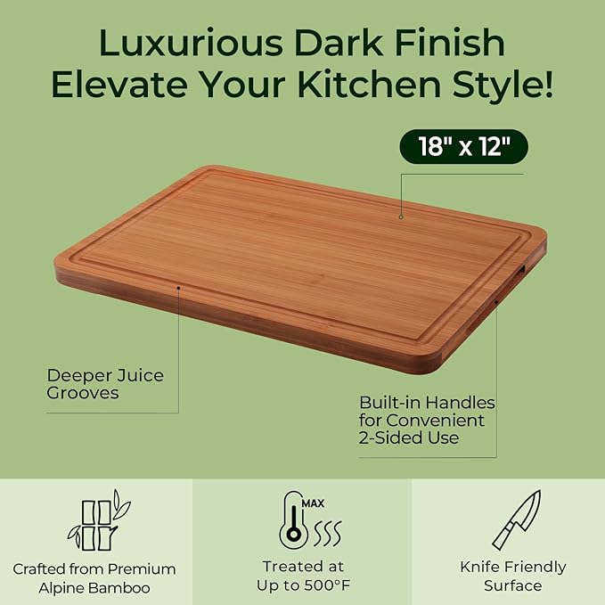 Keechee Carbonized Bamboo Cutting Board for Kitchen, XL Chopping Block | Non Toxic, Resisted-Cracking&Curling, Deep Juice Groove, Side Handles,Cross-Laminated Structure, Knife-Friendly