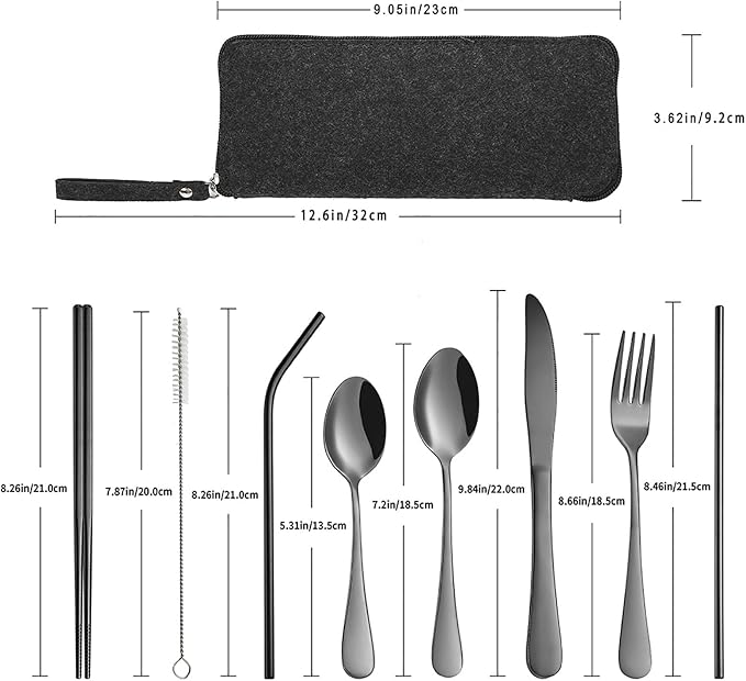 VANDBAO Portable Travel Utensils, Reusable Silverware with Case for Fixing Tableware, 9 Pieces Stainless Steel Stable Flatware Set, Camping Picnic Cutlery Set (Black Set)