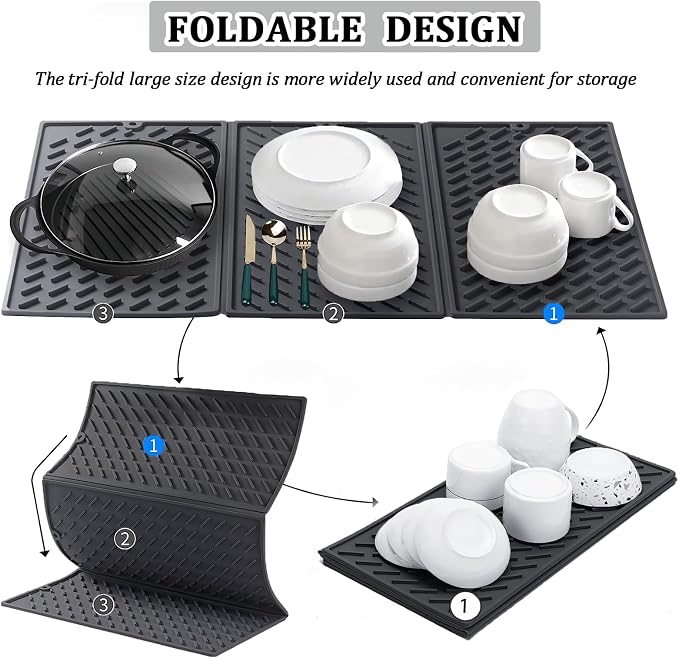 Dish Drying Mat for Kitchen Counter, Collapsible Trifold Large Dish Drainer Mat, Silicone Drying Mat with Hook, 24x16In Non-Slip Silicone Sink Mat, Easy to Clean, Black