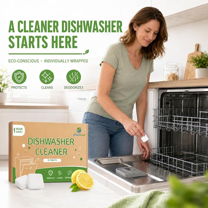 OrientLeaf Dishwasher Cleaner And Deodorizer 24 Pack, 1 Year Supply Dishwasher Cleaning Tablets, Descaler, Removes Limescale, Hard Water Marks, Grease and Odors, Lemon Scent