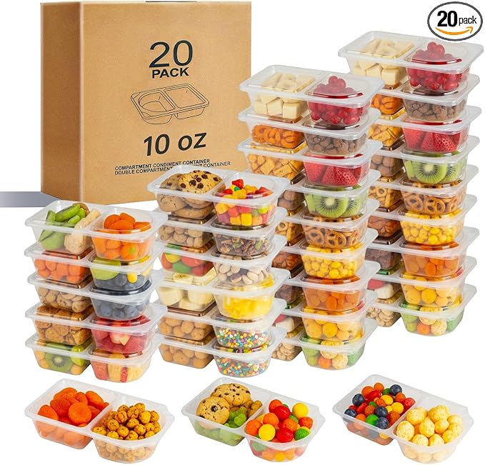 Reusable Snack Containers with Lids, Snack Containers, 20-Pack Snack Pack Containers, meal prep containers Double Compartment, Container Portion Control for On the Go Travel Essentials