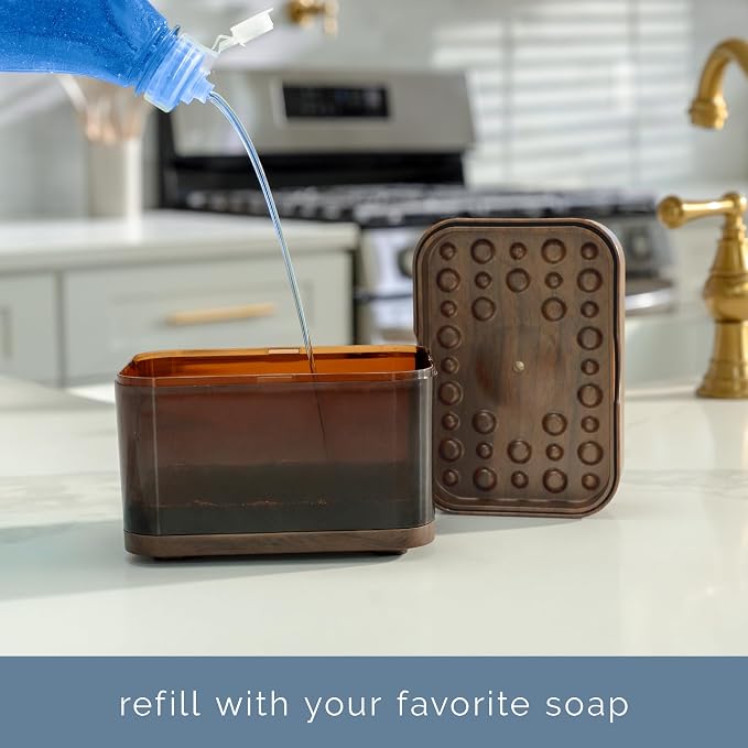 S&T INC. Dish Soap Dispenser and Sponge Holder, Plastic Walnut and Amber | Patented Design, Holds 13 Fluid Ounces, Sponge and Waterproof Labels Included, Non-Slip Feet