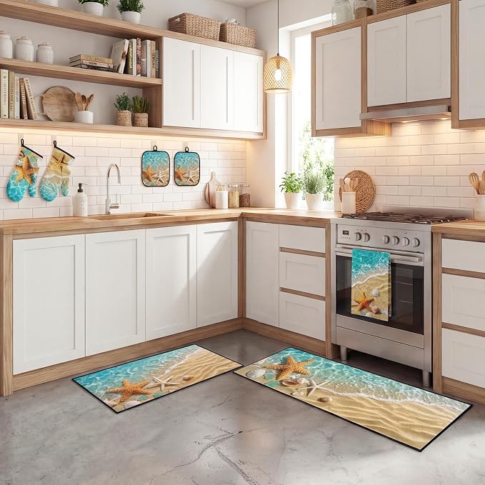 10 Pcs Starfish Beach Kitchen Decor and Accessories Set, 4 Kitchen Dish Towels 2 Rugs 2 Oven Mitts 2 Pot Holders, Home Decor for Cooking Baking BBQ Gifts Women Mom Housewarming