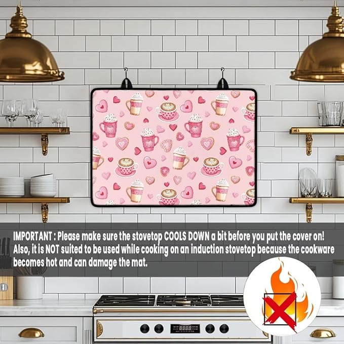 Valentine's Coffee Stovetop Covers for Electric Stove Heart Resistant Oven Mat Anti-scald Kitchen Countertop Cover Non-Slip Kitchen Counter Protector Pad 30"x21" Valentine's Decor
