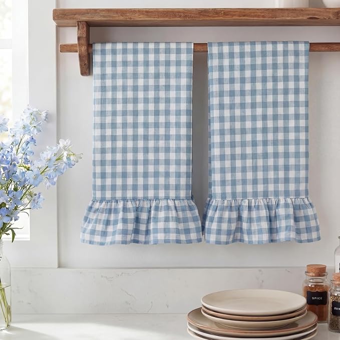 HunnmingRe 2 Pcs Dusty Blue Gingham Kitchen Towels Cotton Ruffle Dish Towel | 100% Cotton Dish Cloths, 18x28 Inch Tea Towels For Farmhouse Gifts, Soft Absorbent, Drying Dishes, Classic Plaid Pattern