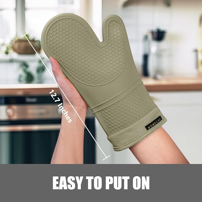 RORECAY Silicone Oven Mitts and Pot Holders Sets for Kitchen, Sage Green | Set of 6 Kitchen Mitts for Baking & Cooking, Heat Resistant 500 ℉, 12.7" Extra Long, Non-Slip & Waterproof, Quilted Cotton