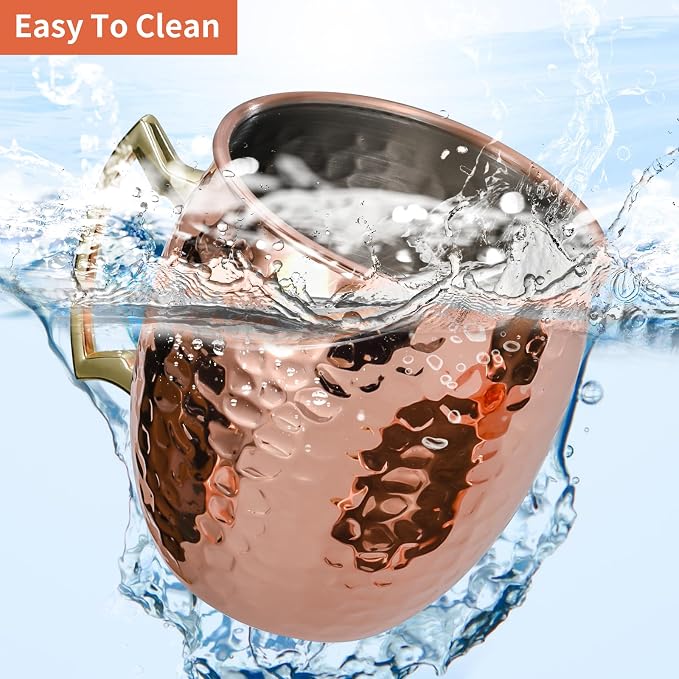 Amrules 4 Pcs 16oz Moscow Mule Mugs Hammered with Angled Handle, Copper | 304 Stainless Steel Lining, Delicate Hammered Finish, Firm Handle, for Cold Drinks, Cocktails, Wine, Beer, Bars & Parties