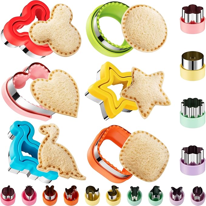 20Pcs Sandwich Cutters & Sealers for Kids Lunch, Cookie Fruit Shape Cutters | Uncrustable Sandwich Maker Vegetable Food Cutter Shapes for Toddlers, Lunch & Bento Box Accessories with Heart Dinosaur Star