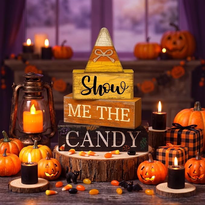 Lineshading 4 Pcs Halloween Table Decoration Candy Corn Wooden Stacked Sign | Rustic Stacked Blocks for Tabletop, Show Me the Candy Theme, Fall Halloween Home Decorations, Tiered Tray Display