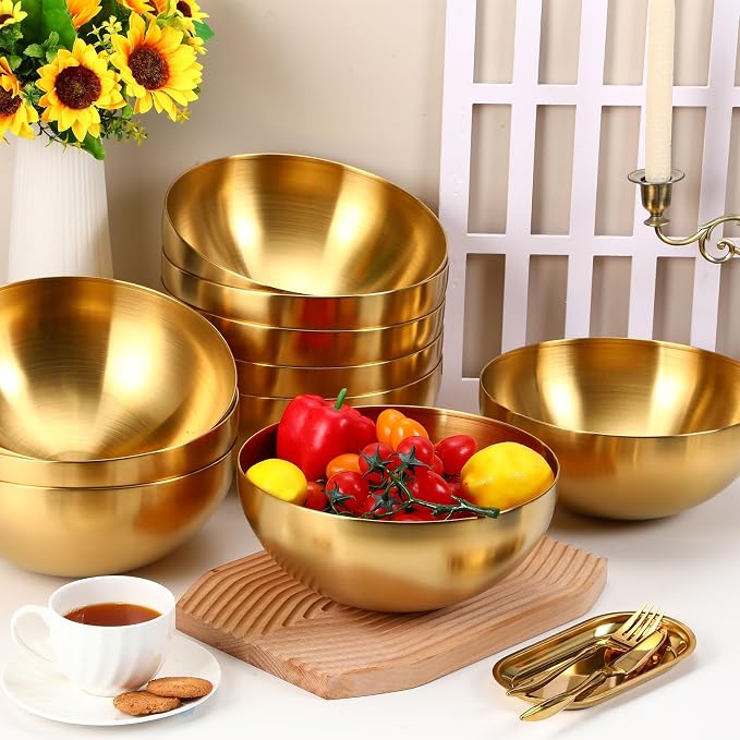 Nuogo 10 Pcs Gold Bowls 9.8 Inch Stainless Steel Mixing Bowls Decorative Esthetician Bowl for Facial Metal Serving Bowl for Holiday Birthday Party Wedding Baking Prepping Salad Fruit Soup