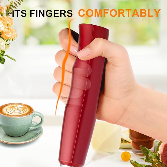 YUSWKO Handheld Milk Frother Wand for Coffee, Rechargeable Electric Whisk with 3 Heads 3 Speeds Drink Mixer Coffee Frother For Latte, Cappuccino, Hot Chocolate, Egg, Red with Holder