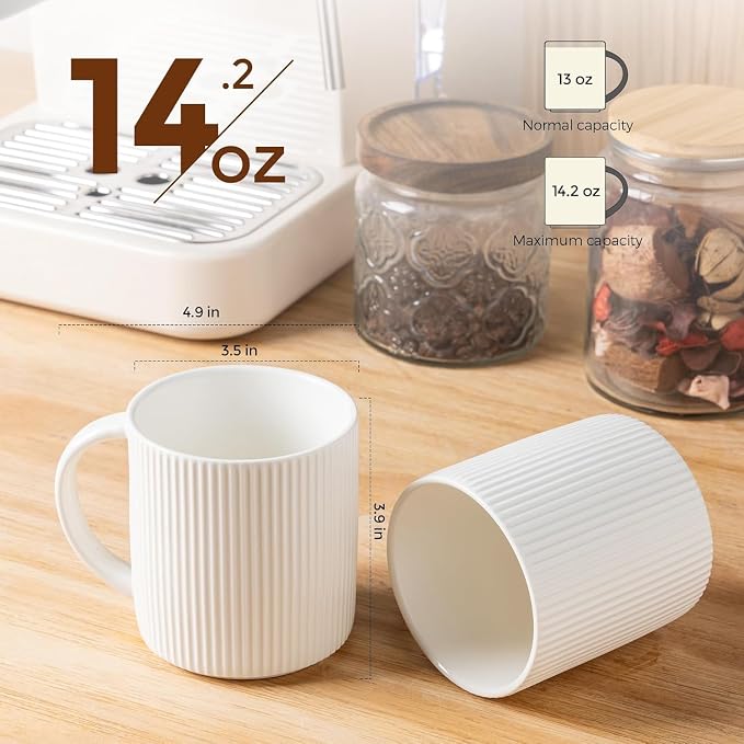 theterra Ceramic Coffee Mugs Set of 4, 14.2 oz Coffee Cups with Handle | Handmade, Suitable for Latte, Tea, Milk, Beer & Hot Cocoa, Bright White