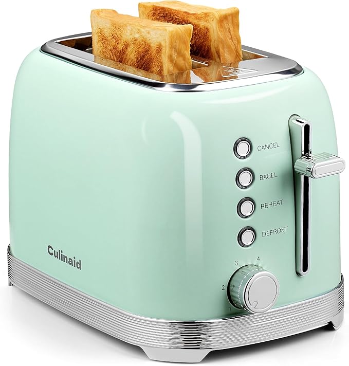 Toaster 2 Slice Retro Stainless Steel, Aqua Green | 1.5” Extra Wide Slots with Bagel, Defrost, Reheat, Cancel Functions, 6 Bread Shade Settings, Removable Crumb Tray
