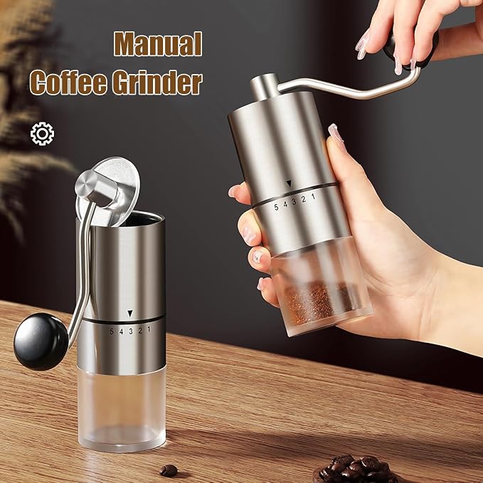 EZLucky Manual Coffee Grinder, 5 External Settings, Ceramic Conical Burr | External adjustment ring for quick grind changes; portable hand grinder for espresso, pour over, travel and camping