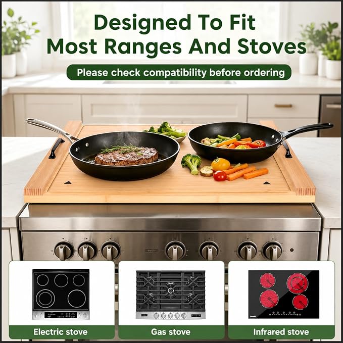 Simba Core & Craft Noodle Board Stove Cover, Bamboo Wood Stove Top Cover for Electric Stove & Gas Burners, 30" x 22" Kitchen Decor for Countertop/Sink Cover/RV Cutting Board & Serving Tray