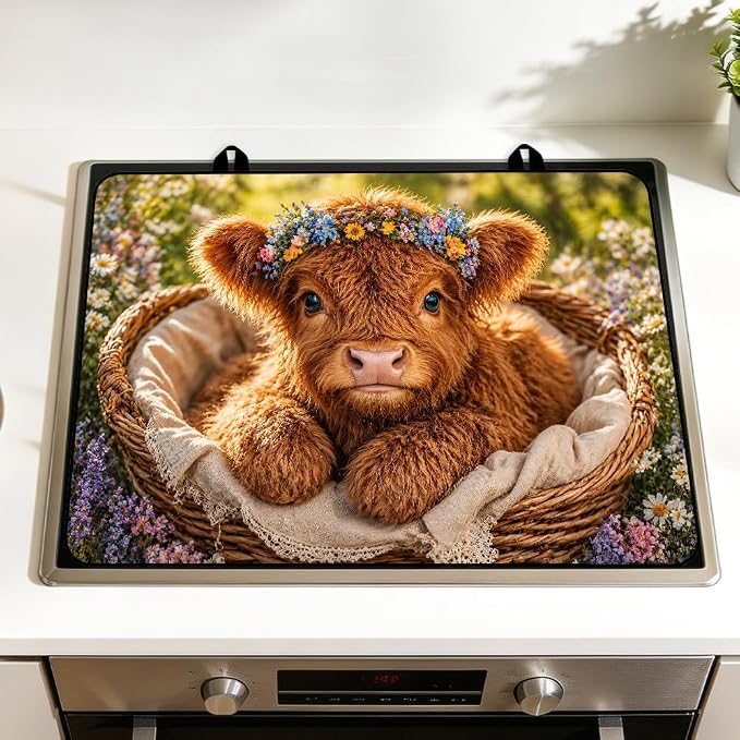 Highland Cow Stove Top Cover for Electric Gas Glass Top Stove | Highland cow kitchen decor; non-slip stovetop cover for electric, gas, glass top stove, noodle board, farmhouse counter mat