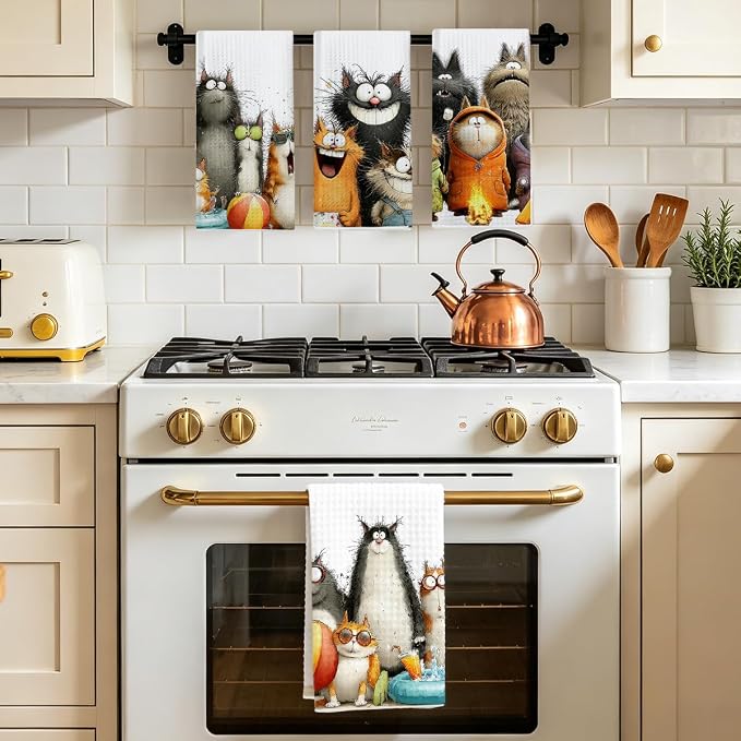 4 Pcs Cute Cat Kitchen Towels, Funny Cats Gifts Absorbent Hand Towels-06 | Cat Dish Cloths for Drying Dishes, Cats Waffle Dish Towels for Kitchen Home Bathroom Decor, Cat Lover Gifts for Women Mom