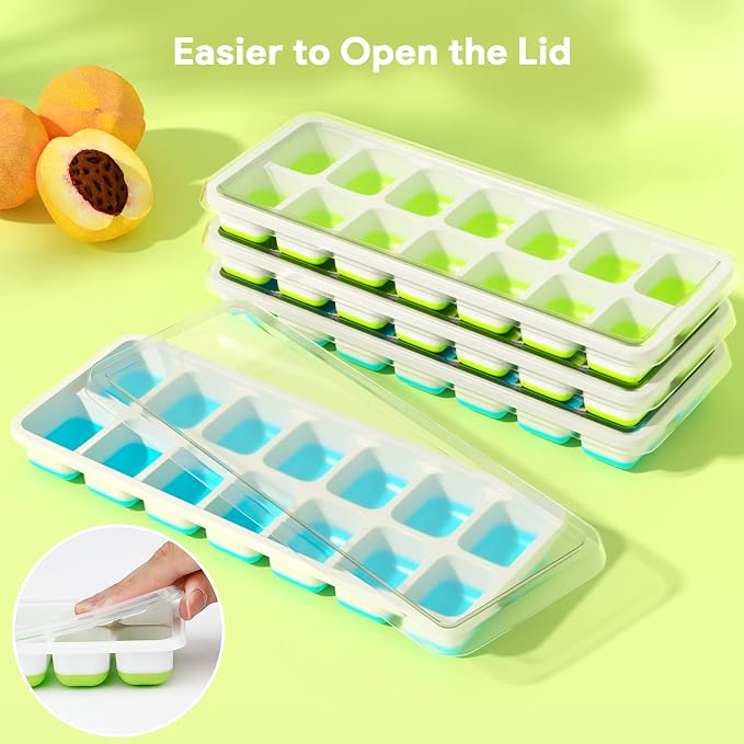 Ice Cube Trays 4 Pack, Airabc Silicone with Removable Lid, Easy-Release Flexible 14-cube Trays, LFGB Certified and BPA Free, Stackable Covers for Cocktail, Freezer | Space-saving and stackable, LFGB certified and BPA free, easy to remove