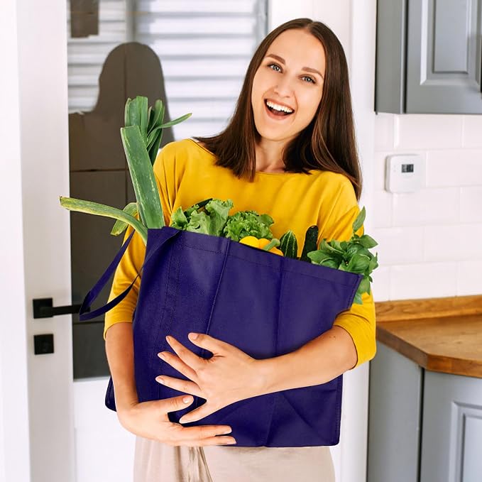Reusable Grocery Shopping Bags 10 Pack Large Foldable Tote Bags Bulk | Eco Produce Bags with Long Handle for Shopping Groceries Clothes (Purple)