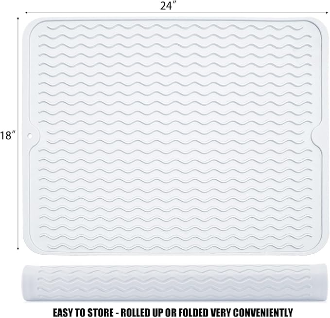 Silicone Dish Drying Mat, Non-Slip Easy Clean Sink Mat, Translucent,24"x18" | Quick-Dry Ridges, Large Heat-resistant Dish Drainer Mat for Kitchen Counter, Hangable & Roll-Up for Storage, Dishwasher Safe