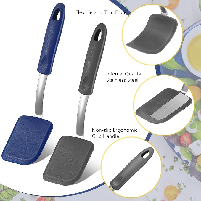 Silicone Cookie Spatula Turner 2 Pack Mini Brownie Spatula Flexible Kitchen Small Silicone Turner for Nonstick Cookware Heat Resistant No Scratch Flipper for Egg(Solid Flat,Gray, Blue)