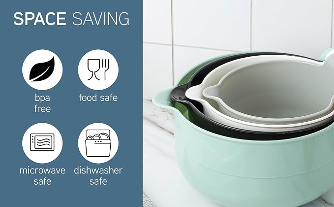 COOK WITH COLOR Nesting Plastic Mixing Bowl Set with Pour Spouts and Handles, Mint, 4 Piece Non-Slip