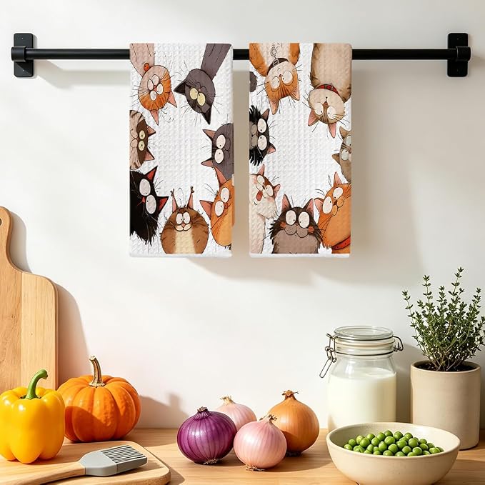 2 Pcs Cute Cat Kitchen Towels, Funny Cats Gifts Absorbent Hand Towels-02 | Cat Dish Cloths for Drying Dishes, Cats Waffle Dish Towels for Kitchen Home Bathroom Decor, Cat Lover Gifts for Women Mom