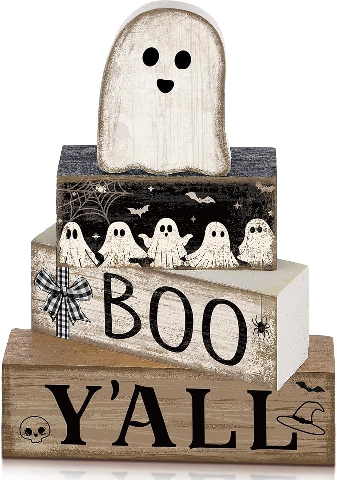 Lineshading 4 Pcs Halloween Table Decoration Wooden Ghost Tiered Tray Decor | Ghost Stackable Blocks Signs, Halloween Wooden Centerpiece with BOO YALL Signs, Rustic Home Decor for Tabletop Kitchen Shelf
