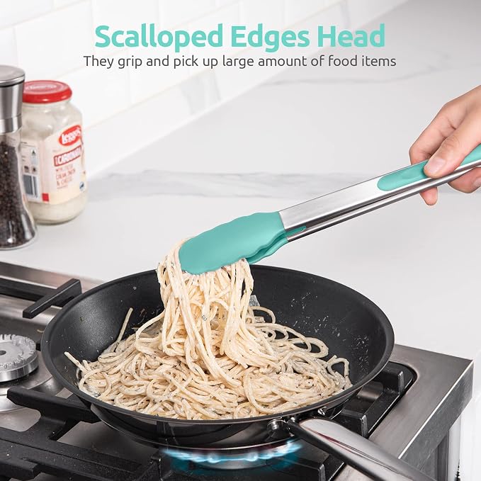 U-Taste Kitchen Tong for Cooking, 600ºF Heat-Resistant Tps, 12in/Aqua Sky | Large Tongs for Serving Food, Big Rubber Tong for Grill/BBQ, Silicone Tips & 18/8 Stainless Steel Handle, Smooth Locking