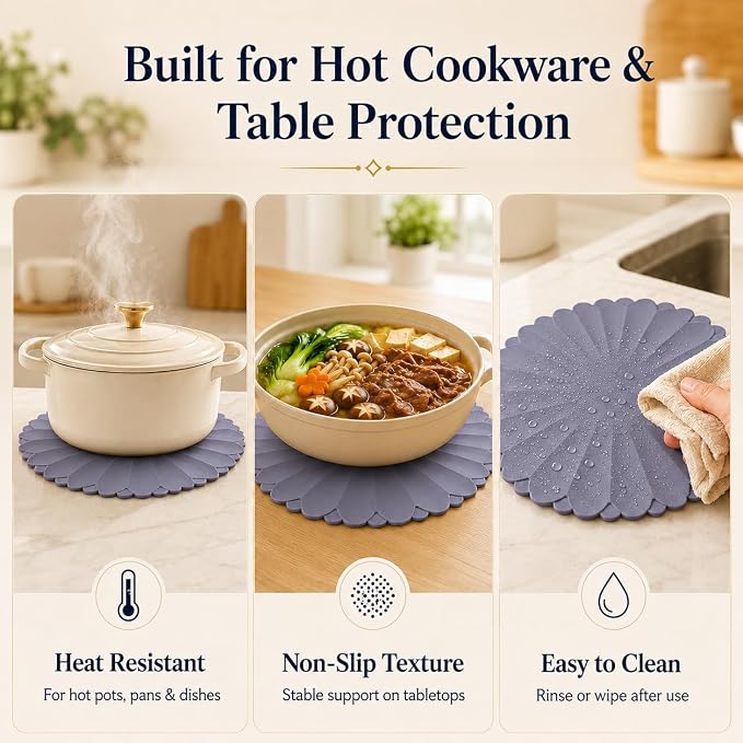 Heat-Resistant Silicone Trivet Mats, Non-Slip Hot Plate Holder for Kitchen Countertops & Dining Table, Reusable Pot Holder Pad with Secure Grip, Dishwasher Safe (Grey, Diameter: 30cm/11.81")