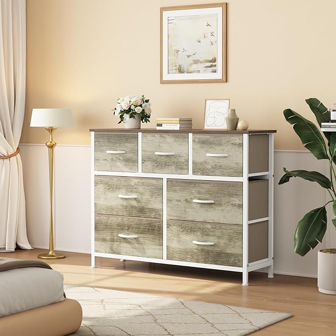 Sweetcrispy 7 Drawer Dresser for Bedroom Storage with Fabric Bins, Oak | Anti-Tip Closet Organizer, Wooden Top and Sturdy Steel Frame, Spacious Drawers for Clothes Storage, Hallway Entryway